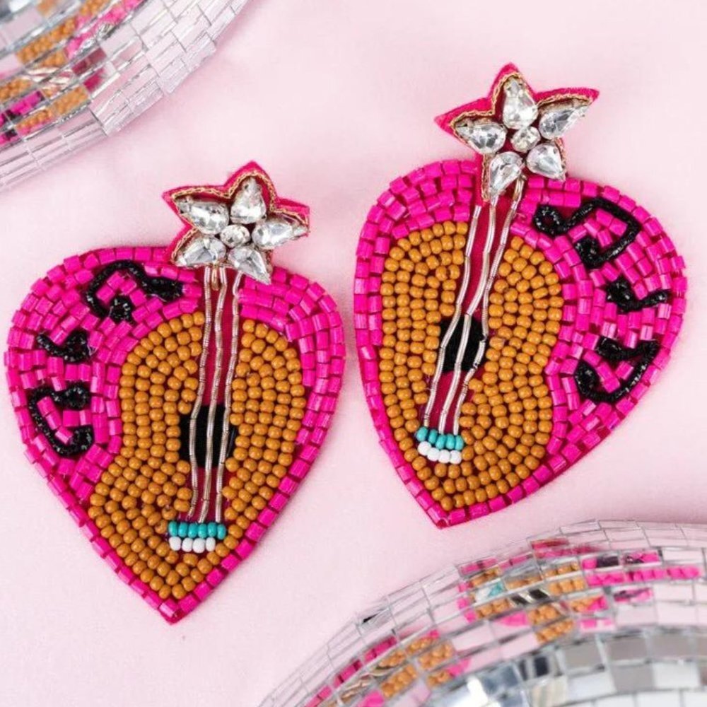 Hot Pink Fuchsia Guitar Pick Shape Beaded Earrings‎ NWT